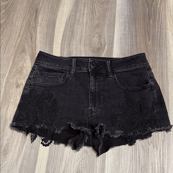 American Eagle Outfitters high rise shortie Black Jean Shorts with Lace Trim 4 - Picture 1 of 6